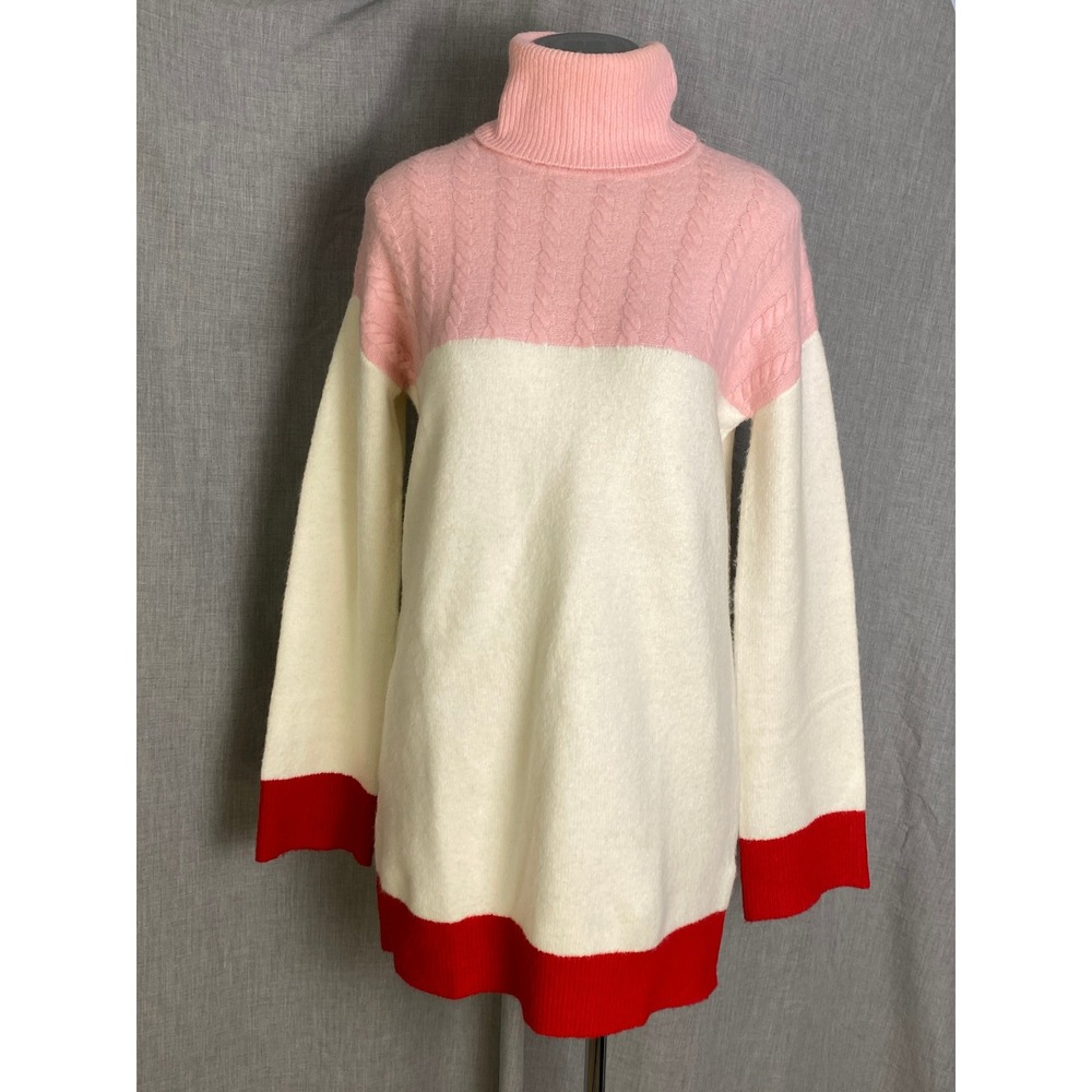 Lovers and Friends Pink Ivory Red‎ Colorblock Turtleneck Sweater XS Cable Knit